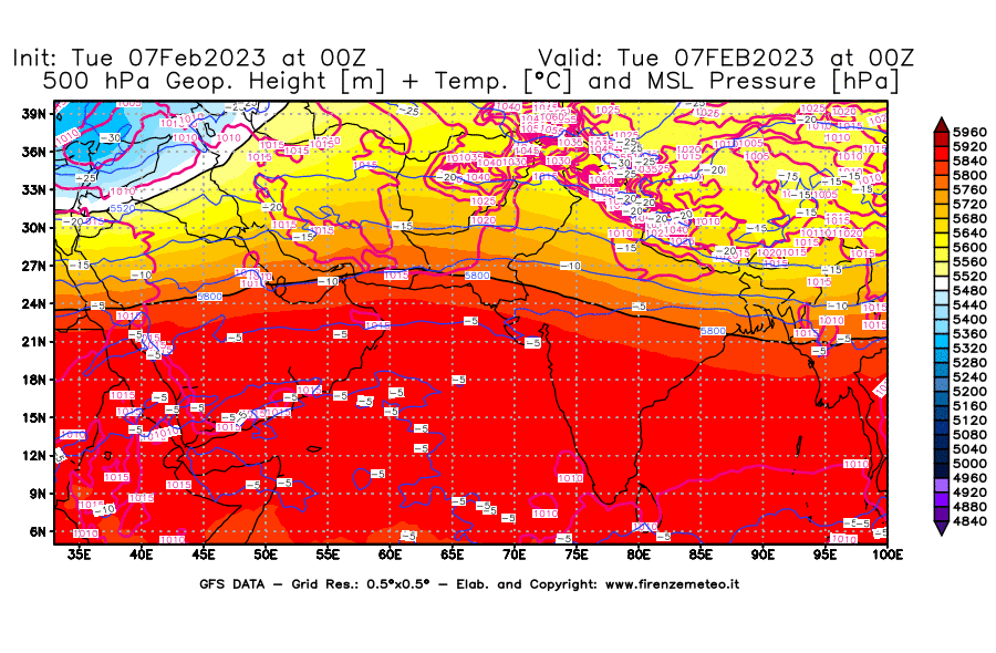 Mappa di analisi GFS - Geopotenziale [m] + Temp. [°C] a 500 hPa + Press. a livello del mare [hPa] in Asia Sud-Occidentale
							del 07/02/2023 00 <!--googleoff: index-->UTC<!--googleon: index-->