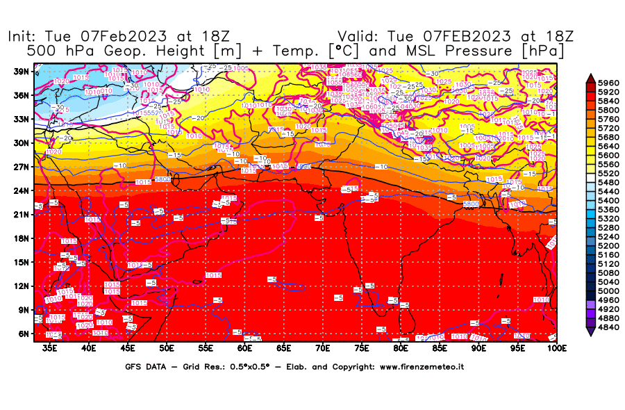 Mappa di analisi GFS - Geopotenziale [m] + Temp. [°C] a 500 hPa + Press. a livello del mare [hPa] in Asia Sud-Occidentale
							del 07/02/2023 18 <!--googleoff: index-->UTC<!--googleon: index-->