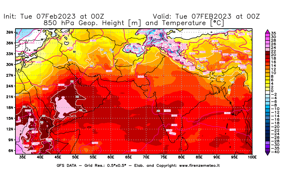 Mappa di analisi GFS - Geopotenziale [m] e Temperatura [°C] a 850 hPa in Asia Sud-Occidentale
							del 07/02/2023 00 <!--googleoff: index-->UTC<!--googleon: index-->