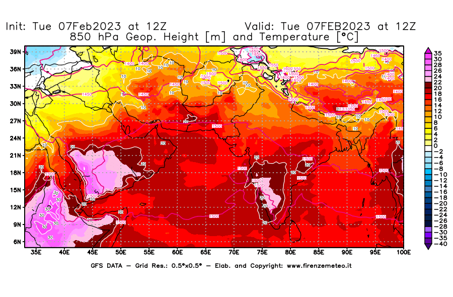 Mappa di analisi GFS - Geopotenziale [m] e Temperatura [°C] a 850 hPa in Asia Sud-Occidentale
							del 07/02/2023 12 <!--googleoff: index-->UTC<!--googleon: index-->