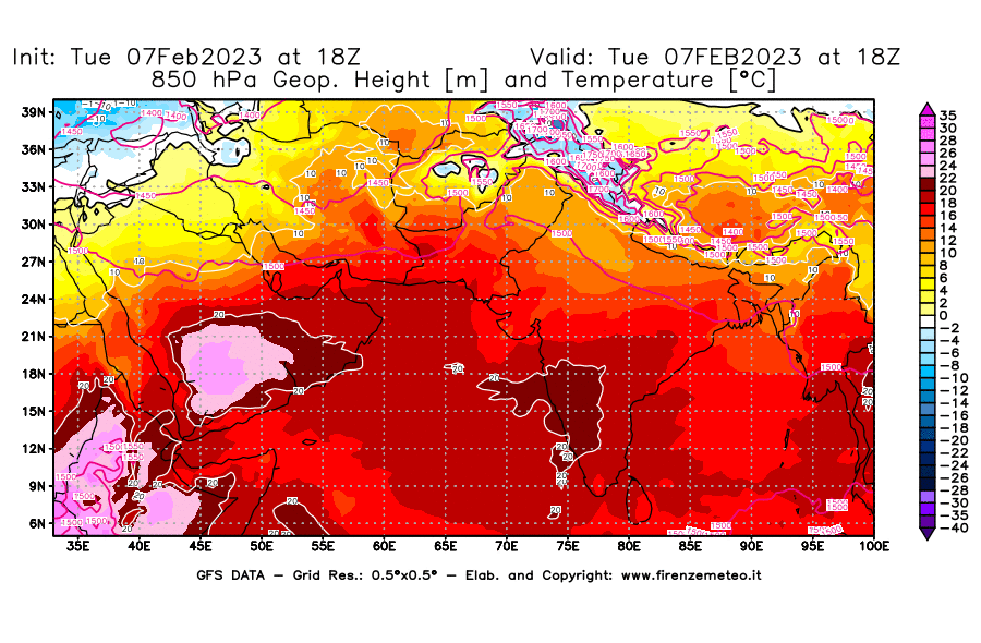 Mappa di analisi GFS - Geopotenziale [m] e Temperatura [°C] a 850 hPa in Asia Sud-Occidentale
							del 07/02/2023 18 <!--googleoff: index-->UTC<!--googleon: index-->