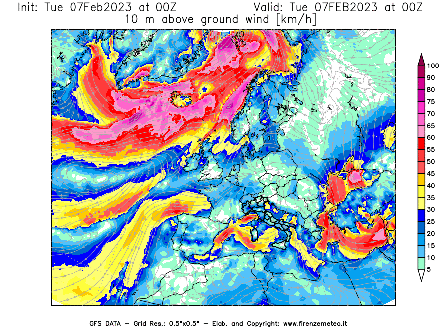 Mappa di analisi GFS - Velocità del vento a 10 metri dal suolo in Europa
							del 7 febbraio 2023 z00