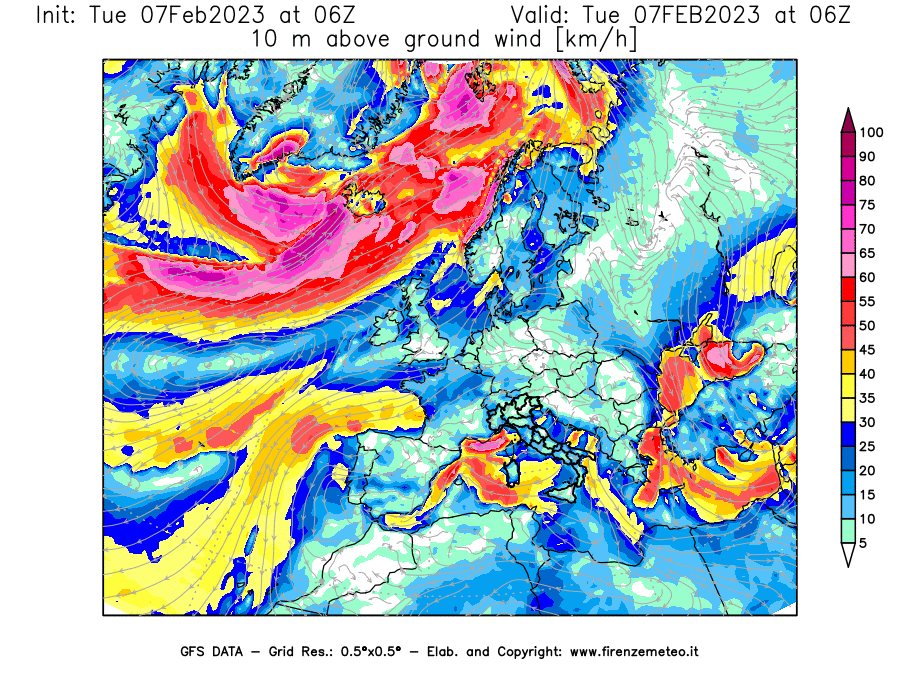 Mappa di analisi GFS - Velocità del vento a 10 metri dal suolo in Europa
							del 7 febbraio 2023 z06