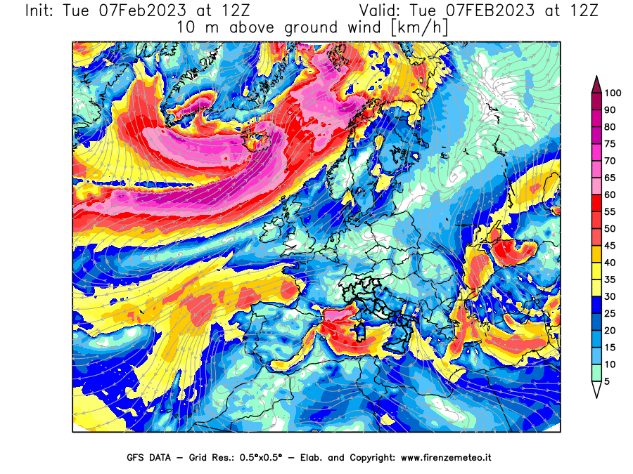 Mappa di analisi GFS - Velocità del vento a 10 metri dal suolo in Europa
							del 7 febbraio 2023 z12