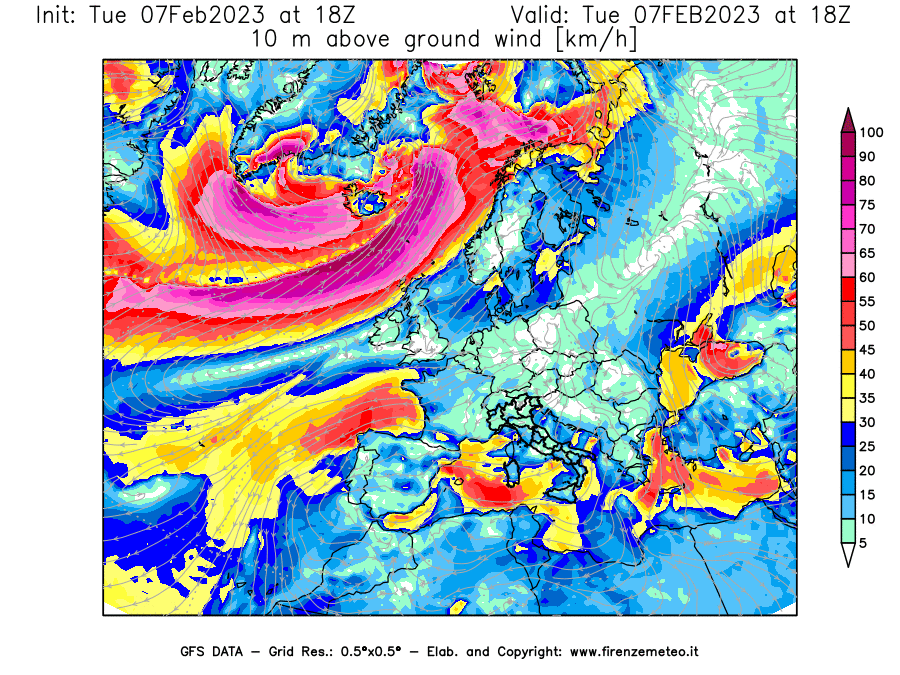Mappa di analisi GFS - Velocità del vento a 10 metri dal suolo [km/h] in Europa
							del 07/02/2023 18 <!--googleoff: index-->UTC<!--googleon: index-->