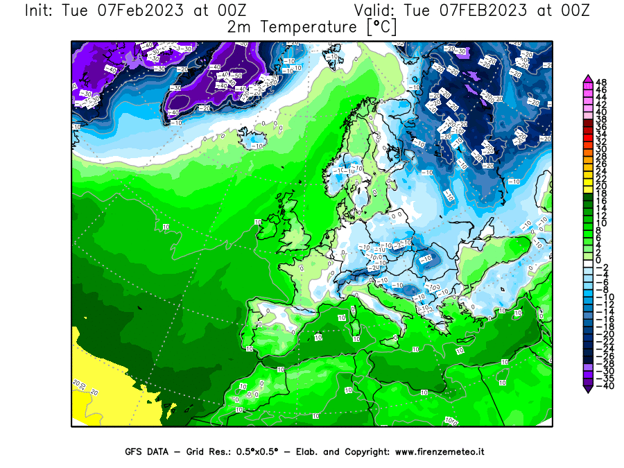 Mappa di analisi GFS - Temperatura a 2 metri dal suolo [°C] in Europa
							del 07/02/2023 00 <!--googleoff: index-->UTC<!--googleon: index-->