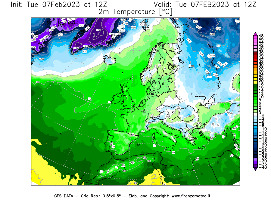 Mappa di analisi GFS - Temperatura a 2 metri dal suolo [°C] in Europa
							del 07/02/2023 12 <!--googleoff: index-->UTC<!--googleon: index-->