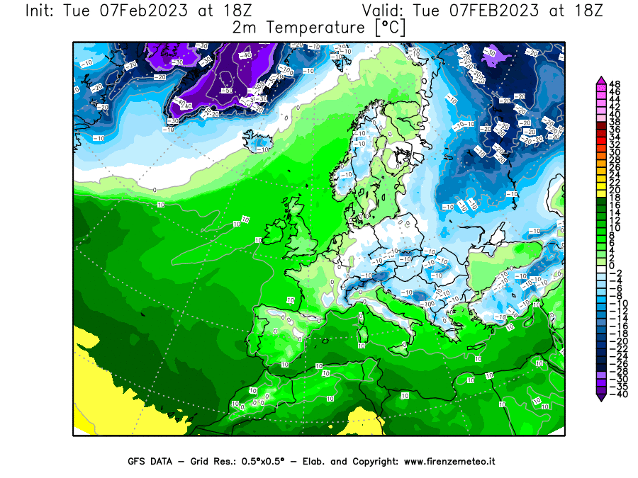 Mappa di analisi GFS - Temperatura a 2 metri dal suolo [°C] in Europa
							del 07/02/2023 18 <!--googleoff: index-->UTC<!--googleon: index-->