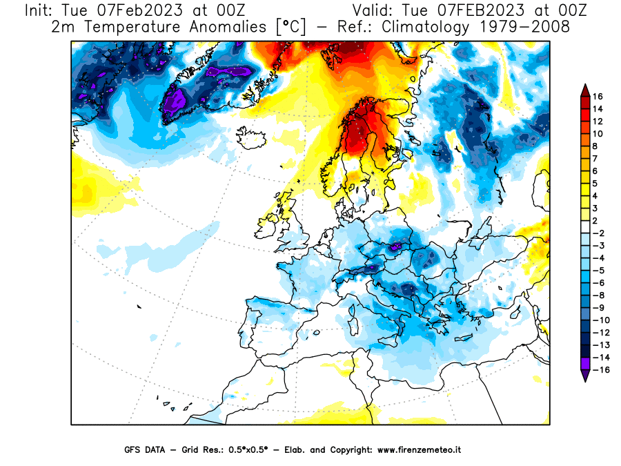 Mappa di analisi GFS - Anomalia Temperatura [°C] a 2 m in Europa
							del 07/02/2023 00 <!--googleoff: index-->UTC<!--googleon: index-->