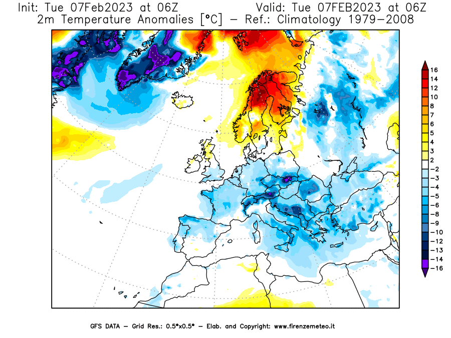 Mappa di analisi GFS - Anomalia Temperatura a 2 m in Europa
							del 7 febbraio 2023 z06