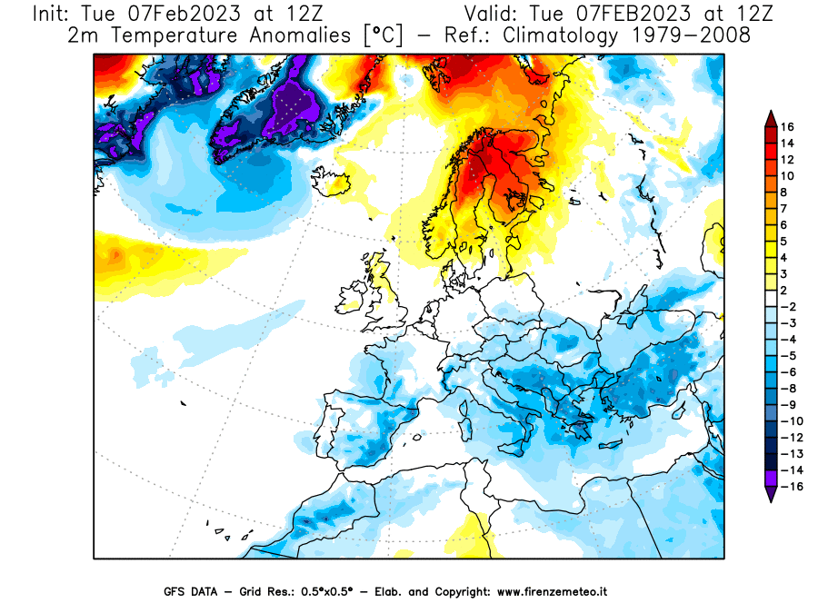 Mappa di analisi GFS - Anomalia Temperatura a 2 m in Europa
							del 7 febbraio 2023 z12