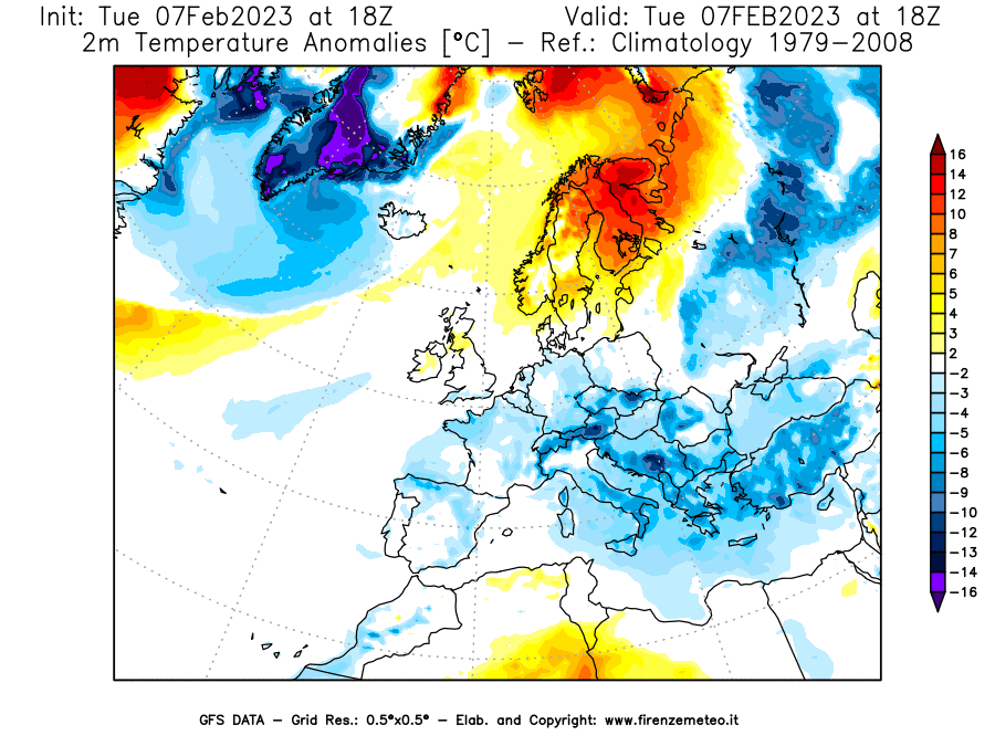 Mappa di analisi GFS - Anomalia Temperatura a 2 m in Europa
							del 7 febbraio 2023 z18