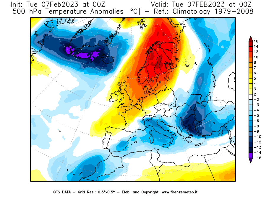 Mappa di analisi GFS - Anomalia Temperatura [°C] a 500 hPa in Europa
							del 07/02/2023 00 <!--googleoff: index-->UTC<!--googleon: index-->