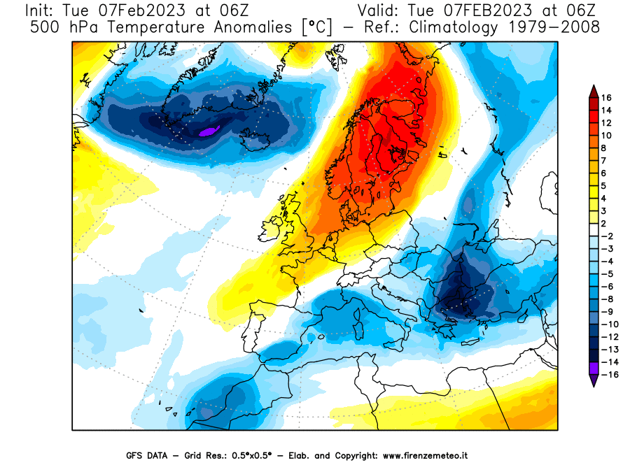 Mappa di analisi GFS - Anomalia Temperatura [°C] a 500 hPa in Europa
							del 07/02/2023 06 <!--googleoff: index-->UTC<!--googleon: index-->
