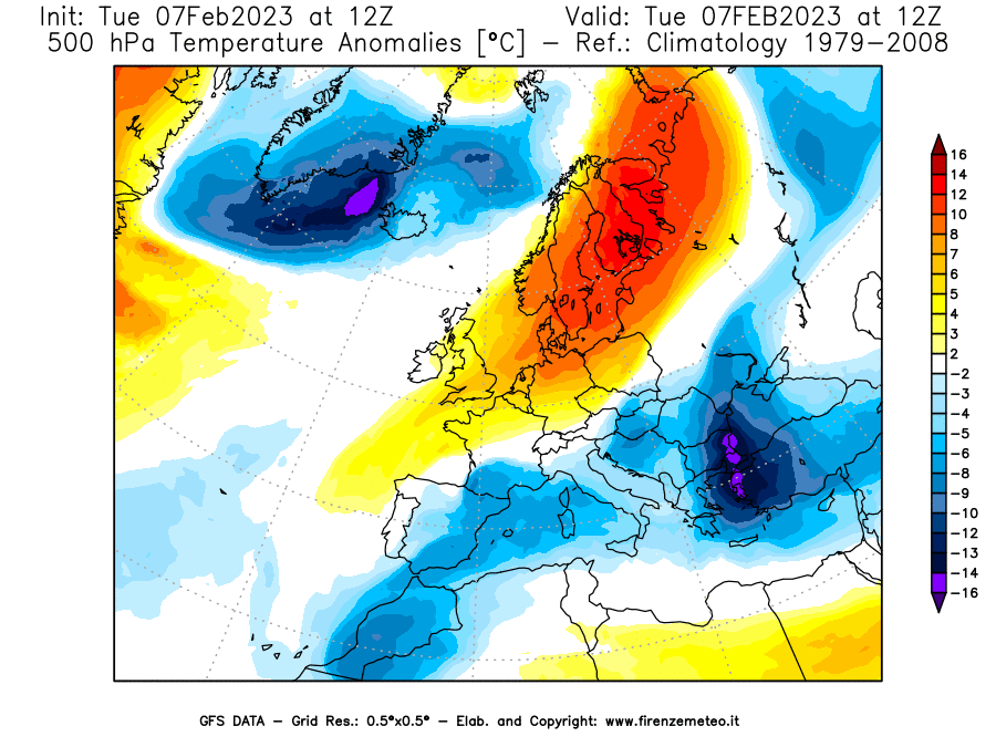 Mappa di analisi GFS - Anomalia Temperatura [°C] a 500 hPa in Europa
							del 07/02/2023 12 <!--googleoff: index-->UTC<!--googleon: index-->