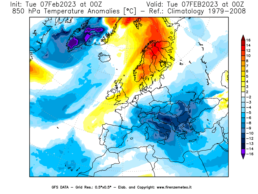 Mappa di analisi GFS - Anomalia Temperatura a 850 hPa in Europa
							del 7 febbraio 2023 z00