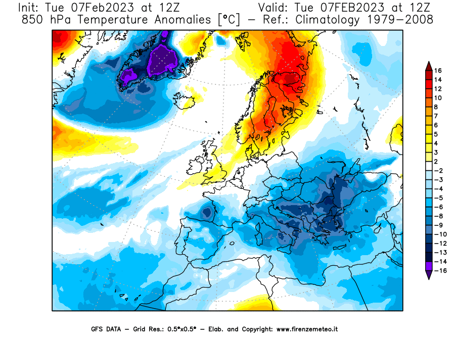Mappa di analisi GFS - Anomalia Temperatura a 850 hPa in Europa
							del 7 febbraio 2023 z12