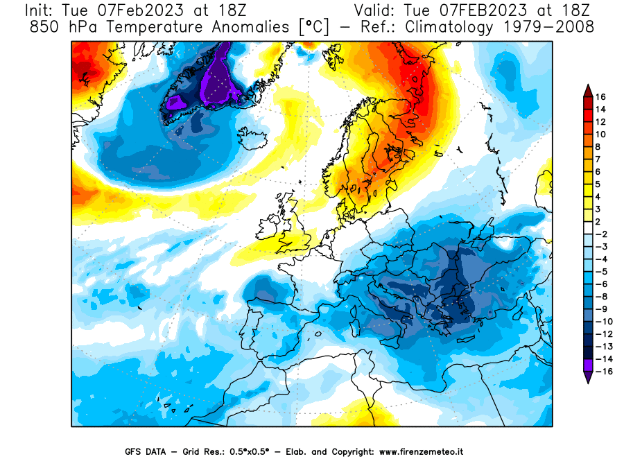 Mappa di analisi GFS - Anomalia Temperatura a 850 hPa in Europa
							del 7 febbraio 2023 z18