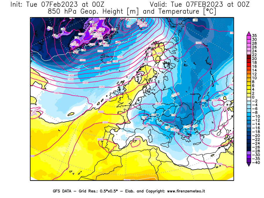 Mappa di analisi GFS - Geopotenziale [m] e Temperatura [°C] a 850 hPa in Europa
							del 07/02/2023 00 <!--googleoff: index-->UTC<!--googleon: index-->