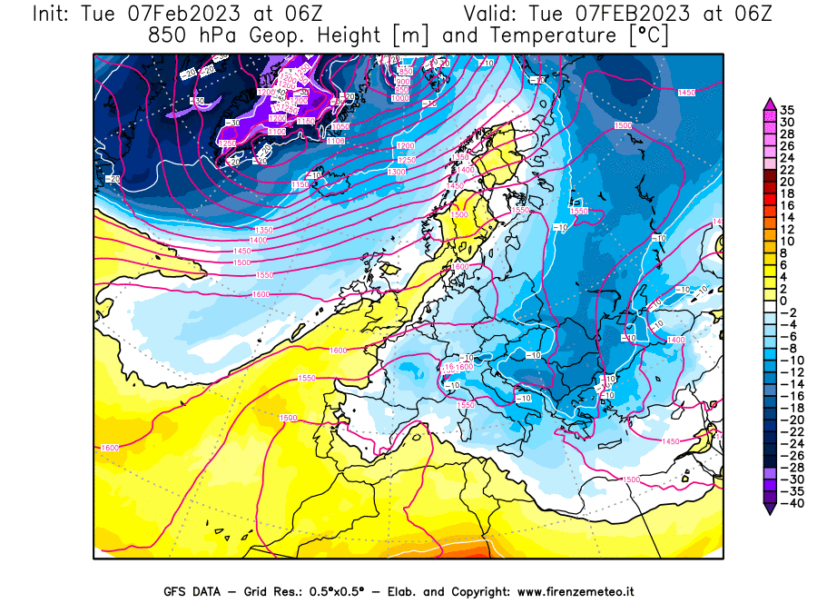 Mappa di analisi GFS - Geopotenziale [m] e Temperatura [°C] a 850 hPa in Europa
							del 07/02/2023 06 <!--googleoff: index-->UTC<!--googleon: index-->