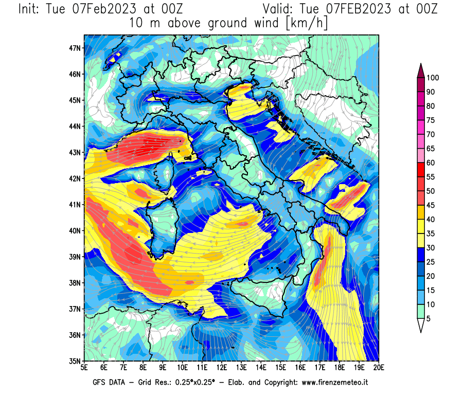 Mappa di analisi GFS - Velocità del vento a 10 metri dal suolo [km/h] in Italia
							del 07/02/2023 00 <!--googleoff: index-->UTC<!--googleon: index-->