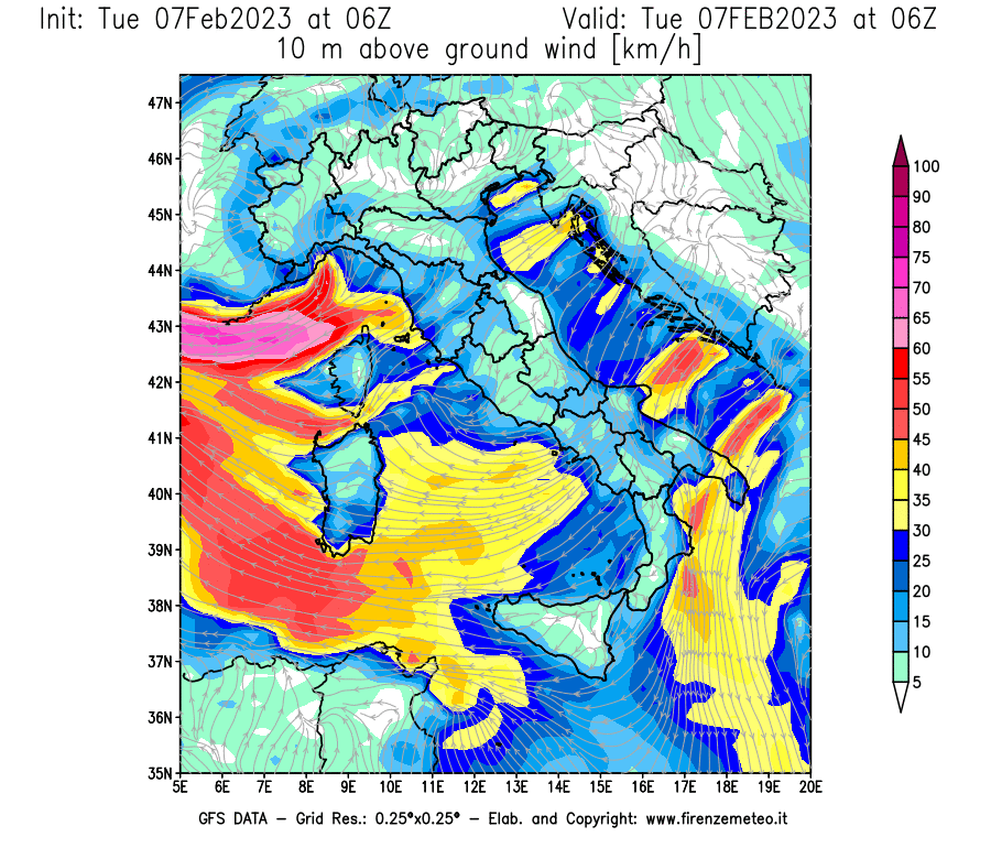 Mappa di analisi GFS - Velocità del vento a 10 metri dal suolo [km/h] in Italia
							del 07/02/2023 06 <!--googleoff: index-->UTC<!--googleon: index-->