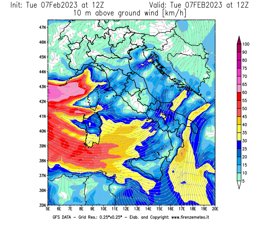Mappa di analisi GFS - Velocità del vento a 10 metri dal suolo in Italia
							del 7 febbraio 2023 z12