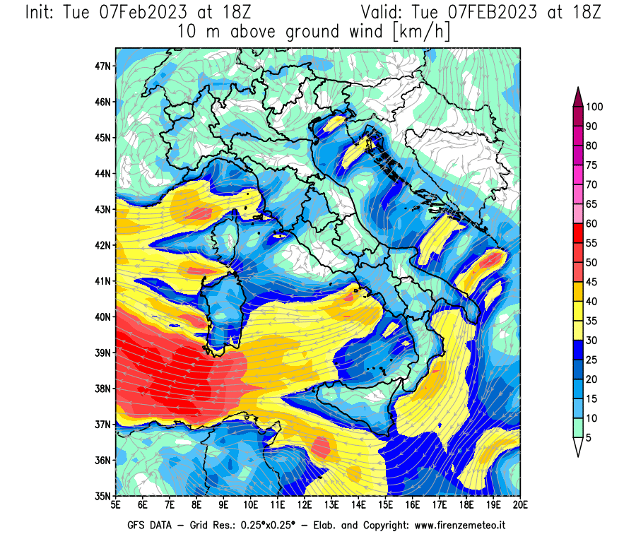 Mappa di analisi GFS - Velocità del vento a 10 metri dal suolo in Italia
							del 7 febbraio 2023 z18