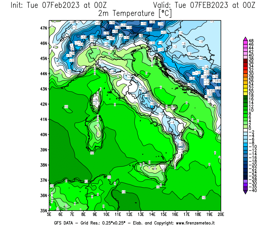 Mappa di analisi GFS - Temperatura a 2 metri dal suolo [°C] in Italia
							del 07/02/2023 00 <!--googleoff: index-->UTC<!--googleon: index-->