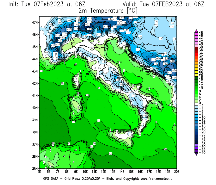 Mappa di analisi GFS - Temperatura a 2 metri dal suolo in Italia
							del 7 febbraio 2023 z06