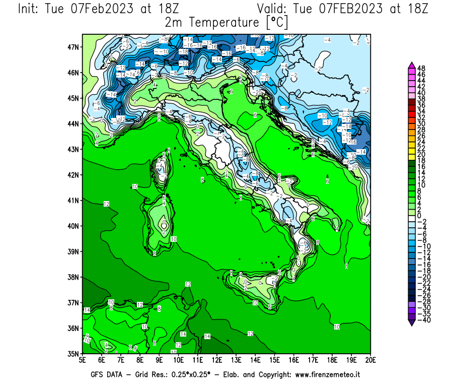Mappa di analisi GFS - Temperatura a 2 metri dal suolo in Italia
							del 7 febbraio 2023 z18