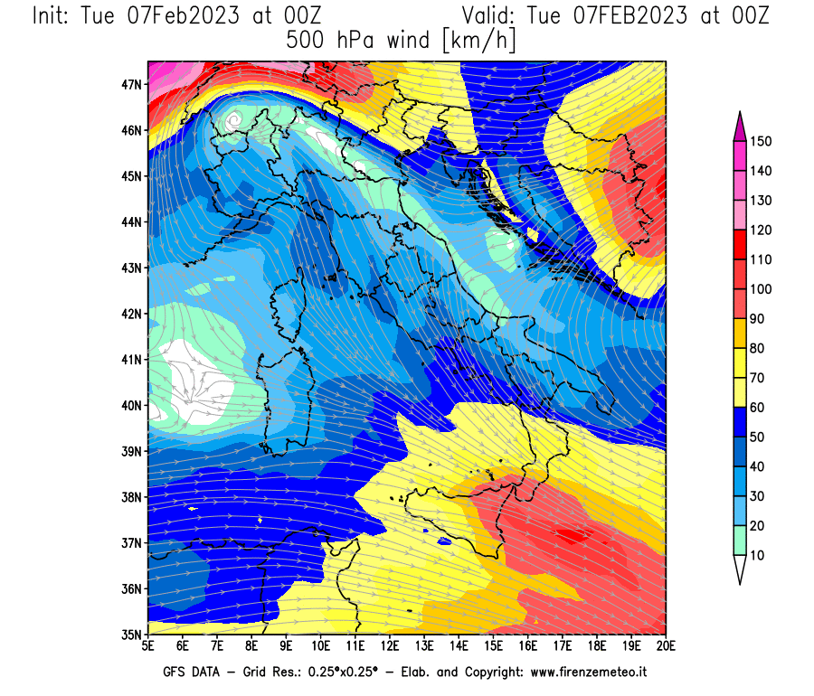 Mappa di analisi GFS - Velocità del vento a 500 hPa [km/h] in Italia
							del 07/02/2023 00 <!--googleoff: index-->UTC<!--googleon: index-->
