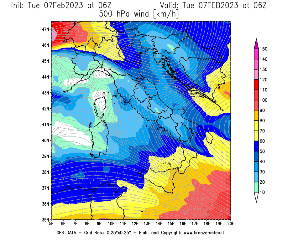 Mappa di analisi GFS - Velocità del vento a 500 hPa [km/h] in Italia
							del 07/02/2023 06 <!--googleoff: index-->UTC<!--googleon: index-->