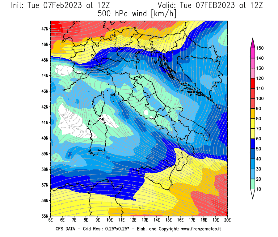 Mappa di analisi GFS - Velocità del vento a 500 hPa [km/h] in Italia
							del 07/02/2023 12 <!--googleoff: index-->UTC<!--googleon: index-->