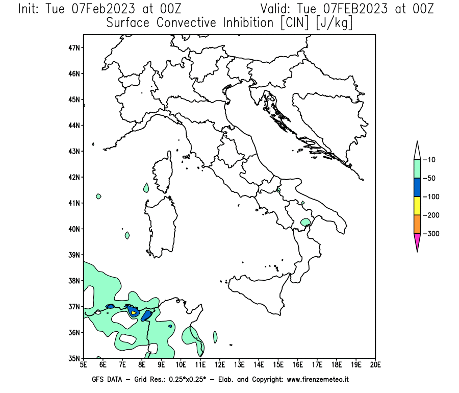 Mappa di analisi GFS - CIN [J/kg] in Italia
							del 07/02/2023 00 <!--googleoff: index-->UTC<!--googleon: index-->
