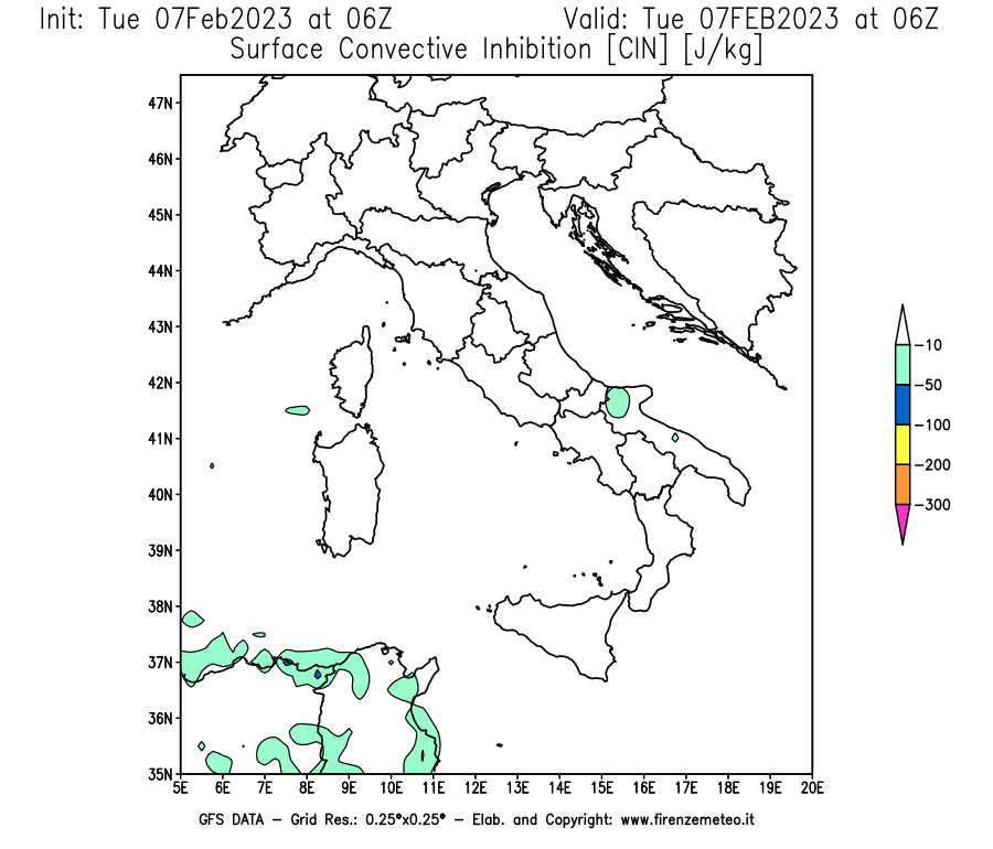 Mappa di analisi GFS - CIN [J/kg] in Italia
							del 07/02/2023 06 <!--googleoff: index-->UTC<!--googleon: index-->