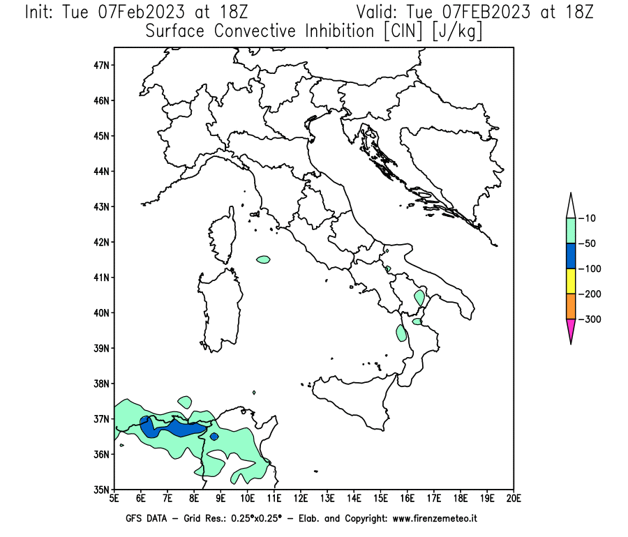 Mappa di analisi GFS - CIN [J/kg] in Italia
							del 07/02/2023 18 <!--googleoff: index-->UTC<!--googleon: index-->