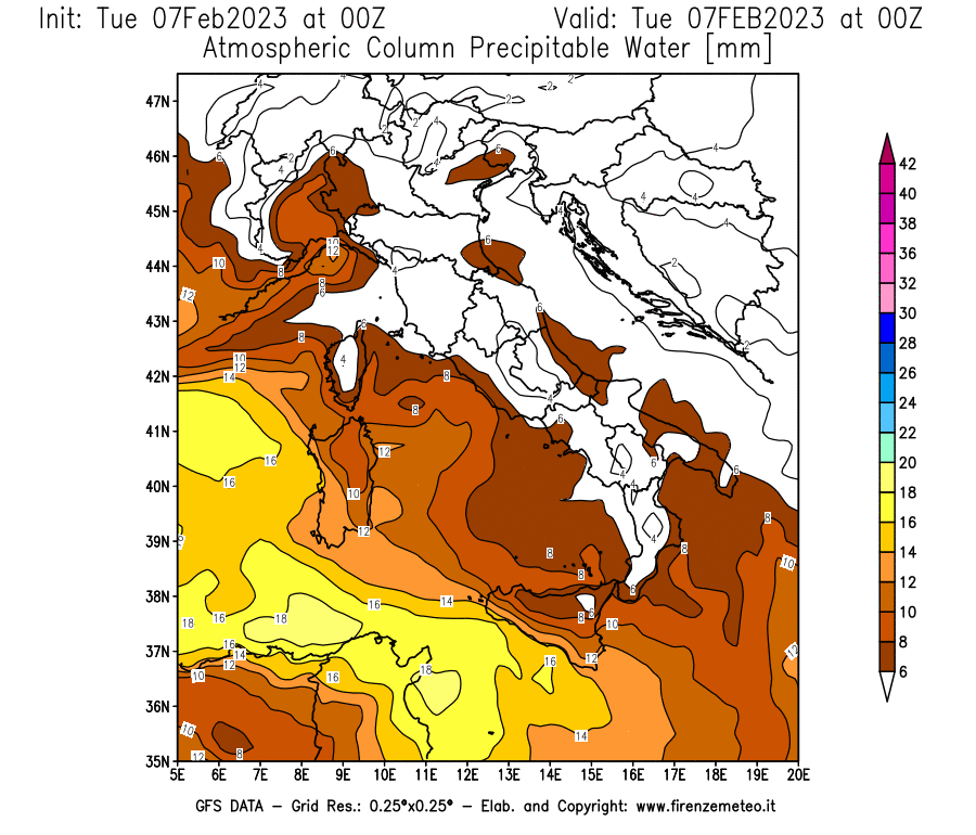 Mappa di analisi GFS - Precipitable Water [mm] in Italia
							del 07/02/2023 00 <!--googleoff: index-->UTC<!--googleon: index-->