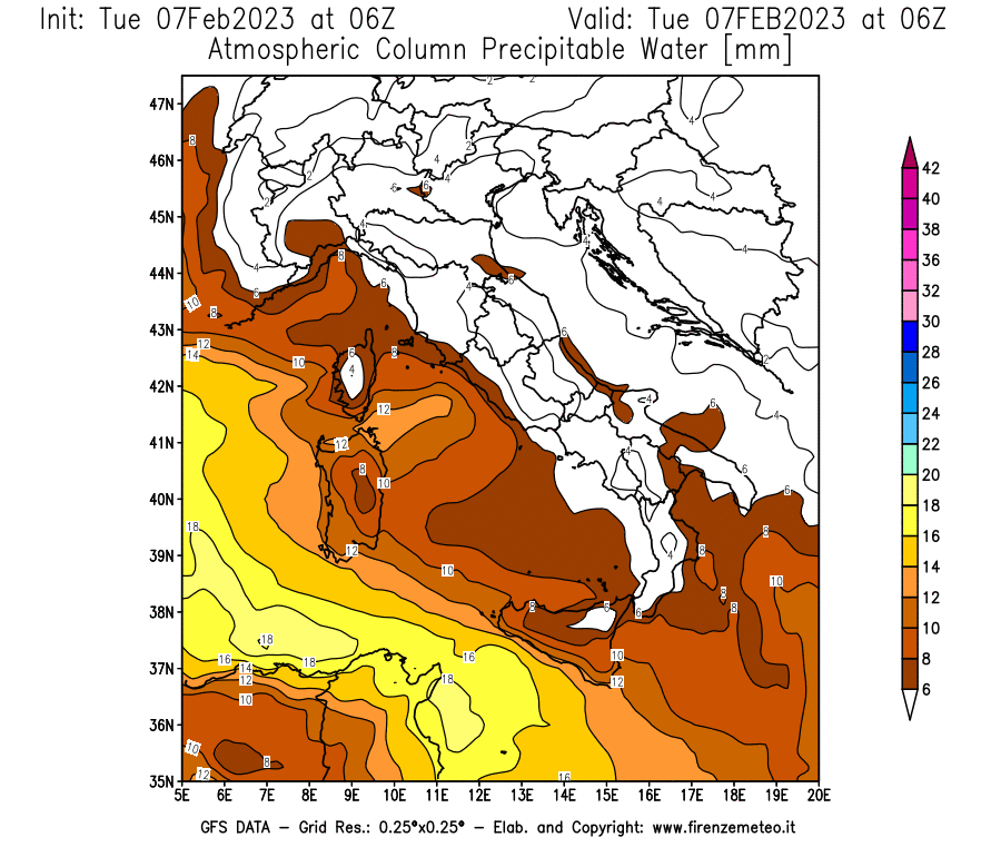 Mappa di analisi GFS - Precipitable Water [mm] in Italia
							del 07/02/2023 06 <!--googleoff: index-->UTC<!--googleon: index-->