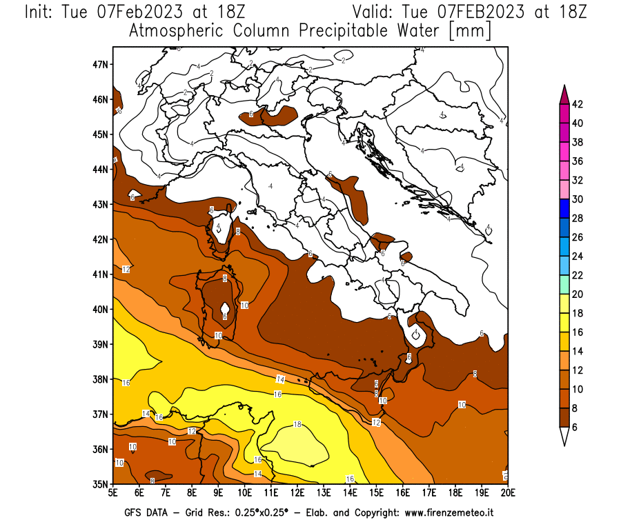 Mappa di analisi GFS - Precipitable Water [mm] in Italia
							del 07/02/2023 18 <!--googleoff: index-->UTC<!--googleon: index-->