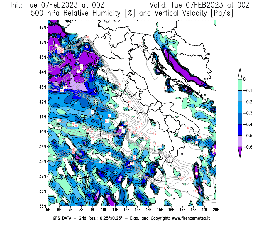 Mappa di analisi GFS - Umidità relativa [%] e Omega [Pa/s] a 500 hPa in Italia
							del 07/02/2023 00 <!--googleoff: index-->UTC<!--googleon: index-->