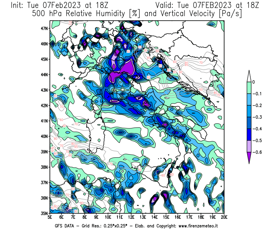 Mappa di analisi GFS - Umidità relativa [%] e Omega [Pa/s] a 500 hPa in Italia
							del 07/02/2023 18 <!--googleoff: index-->UTC<!--googleon: index-->