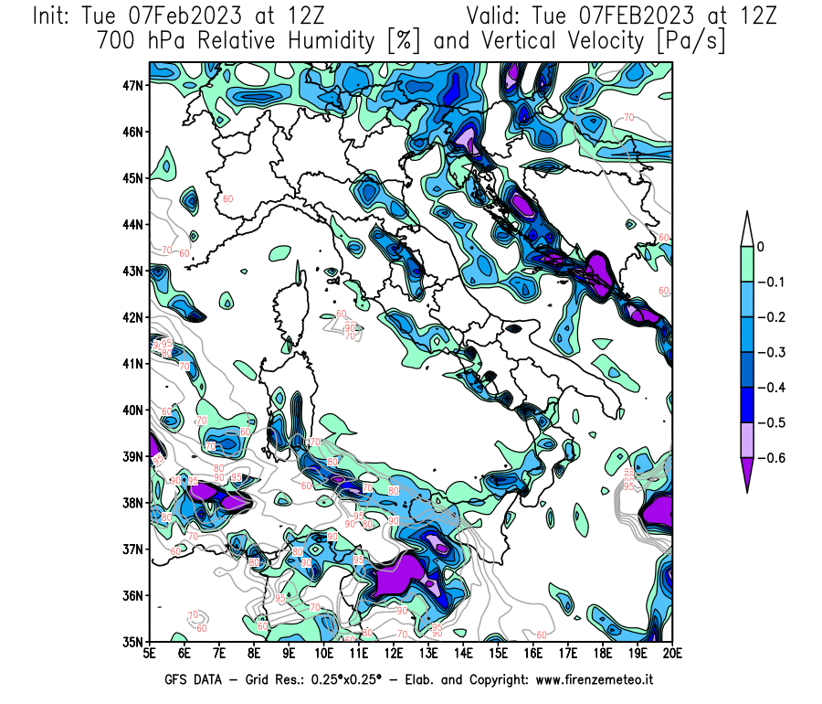 Mappa di analisi GFS - Umidità relativa [%] e Omega [Pa/s] a 700 hPa in Italia
							del 07/02/2023 12 <!--googleoff: index-->UTC<!--googleon: index-->