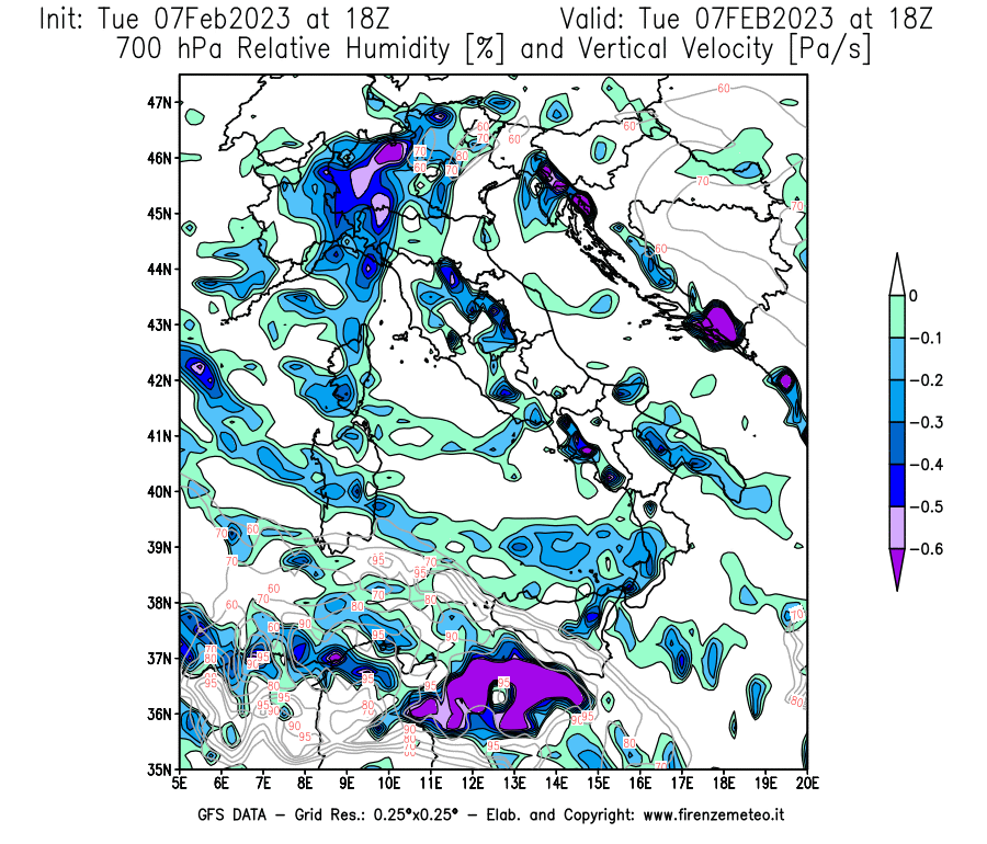 Mappa di analisi GFS - Umidità relativa [%] e Omega [Pa/s] a 700 hPa in Italia
							del 07/02/2023 18 <!--googleoff: index-->UTC<!--googleon: index-->