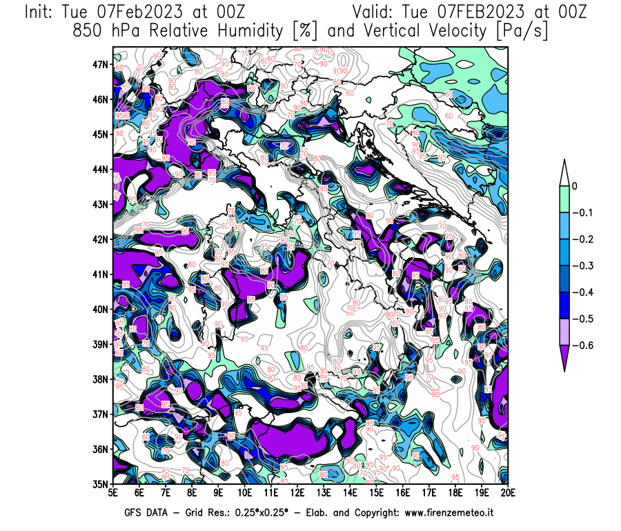 Mappa di analisi GFS - Umidità relativa [%] e Omega [Pa/s] a 850 hPa in Italia
							del 07/02/2023 00 <!--googleoff: index-->UTC<!--googleon: index-->