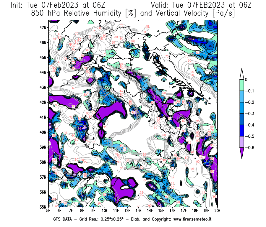 Mappa di analisi GFS - Umidità relativa [%] e Omega [Pa/s] a 850 hPa in Italia
							del 07/02/2023 06 <!--googleoff: index-->UTC<!--googleon: index-->