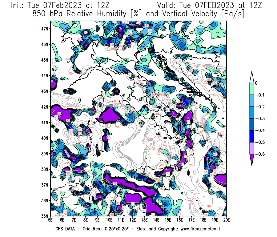 Mappa di analisi GFS - Umidità relativa [%] e Omega [Pa/s] a 850 hPa in Italia
							del 07/02/2023 12 <!--googleoff: index-->UTC<!--googleon: index-->