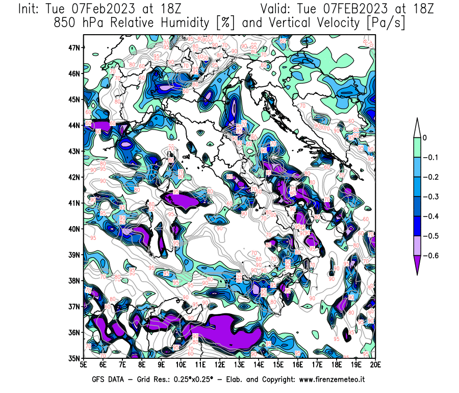 Mappa di analisi GFS - Umidità relativa [%] e Omega [Pa/s] a 850 hPa in Italia
							del 07/02/2023 18 <!--googleoff: index-->UTC<!--googleon: index-->