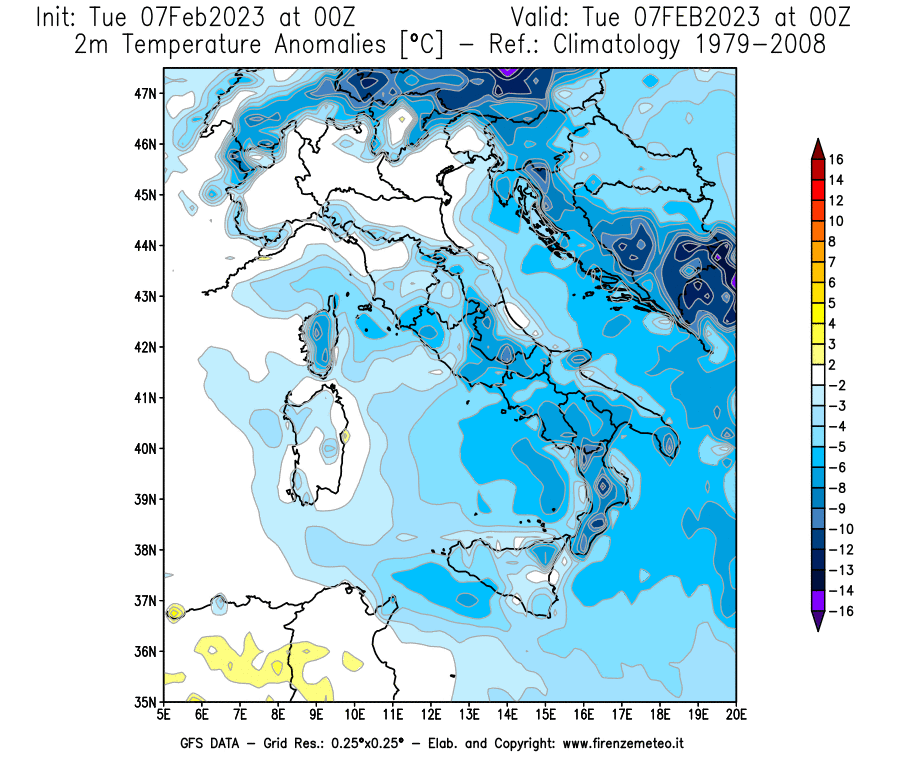 Mappa di analisi GFS - Anomalia Temperatura [°C] a 2 m in Italia
							del 07/02/2023 00 <!--googleoff: index-->UTC<!--googleon: index-->