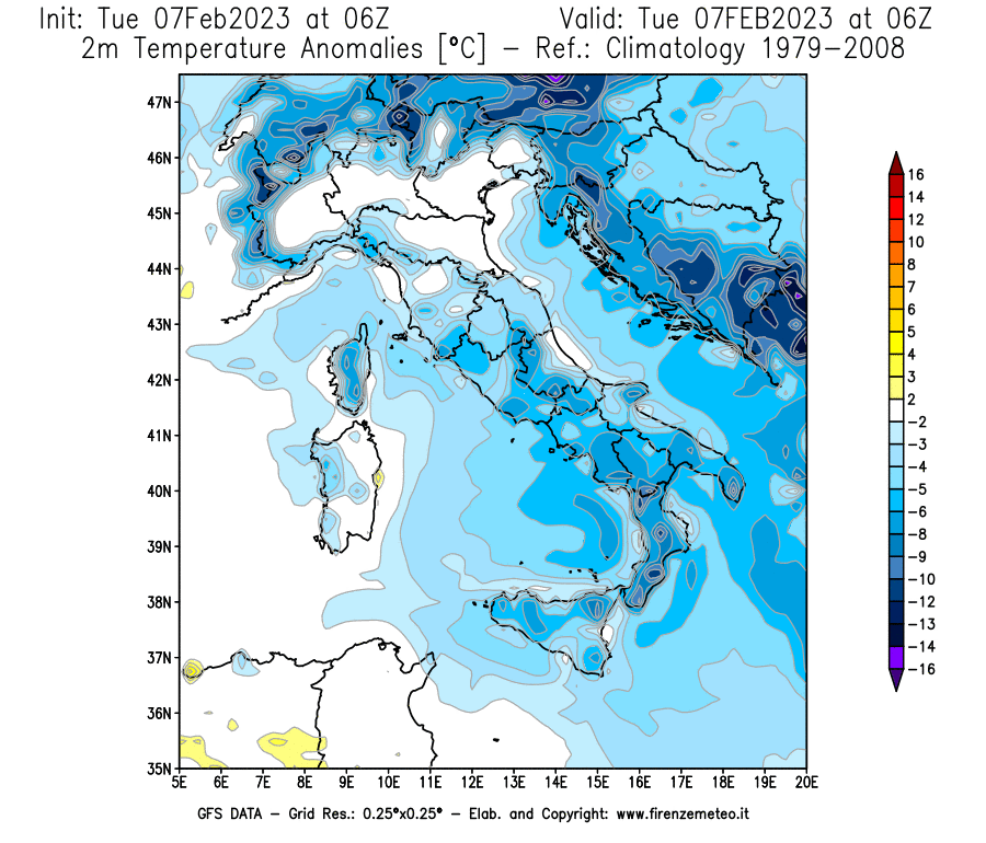 Mappa di analisi GFS - Anomalia Temperatura a 2 m in Italia
							del 7 febbraio 2023 z06